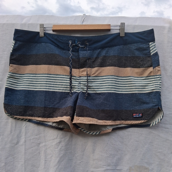Patagonia Blue and Tan Striped Swim Trunks - Picture 1 of 3